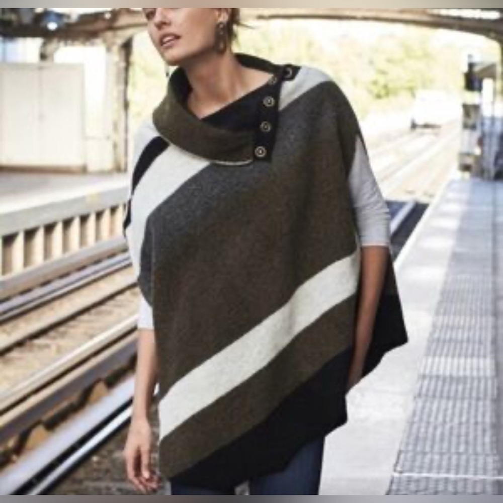 Striped Wool Poncho with Buckle Detail